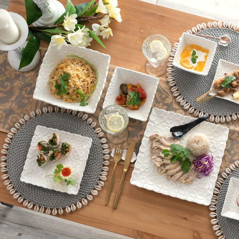 スクエアプレート プルメリアモチーフ Mサイズ 17.8cm角 ホワイト 陶器製 pl10-668 |  | 15