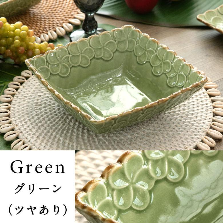 深角皿 プルメリアモチーフ Lサイズ 21cm角 ホワイト グリーン 陶器製 pl6-668 |  | 05