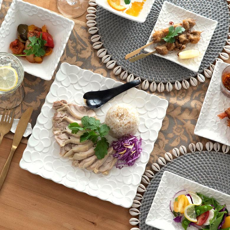 スクエアプレート プルメリアモチーフ Lサイズ 25cm角 ホワイト 陶器製 pl9-668 |  | 11