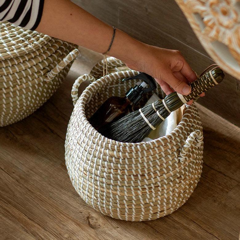 バスケット ふた付き 持ち手付き ポットタイプ アフリカ シーグラス製