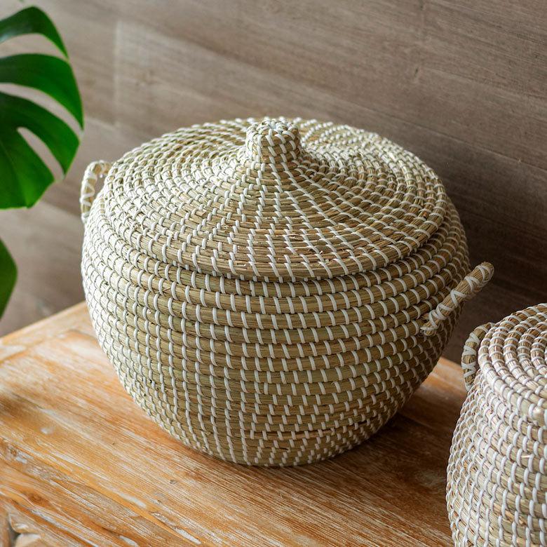 バスケット ふた付き 持ち手付き ポットタイプ アフリカ シーグラス製