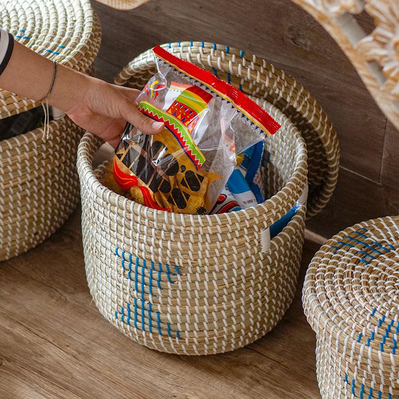 バスケット ふた付き 持ち手付き アフリカ シーグラス製 丸型 31cm幅 M