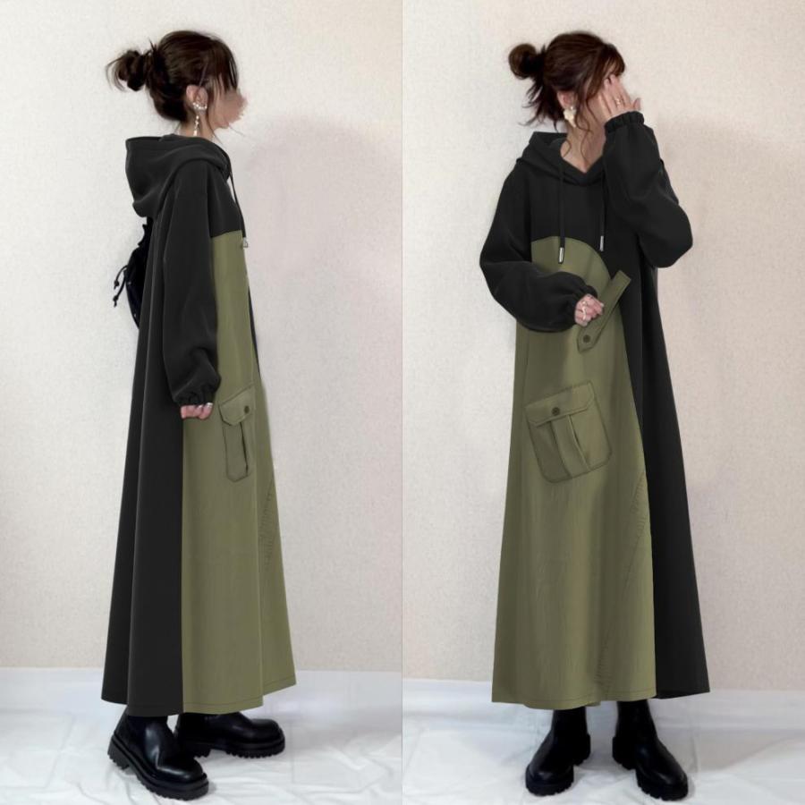 ロングワンピース 秋冬 レディース ドッキングワンピース バイカラー