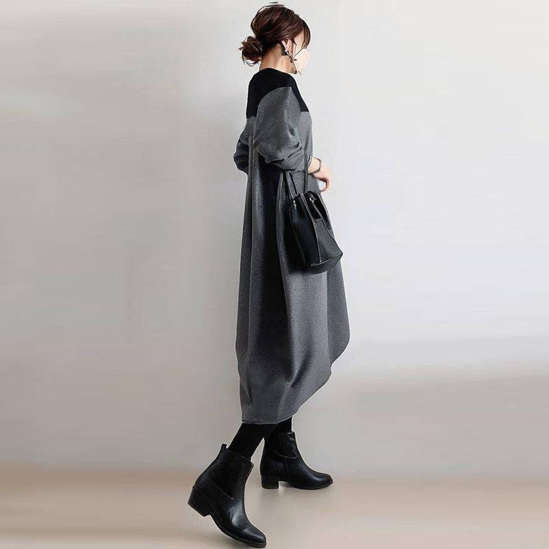 コクーンワンピース 春秋 長袖ワンピース50代 バイカラーワンピース