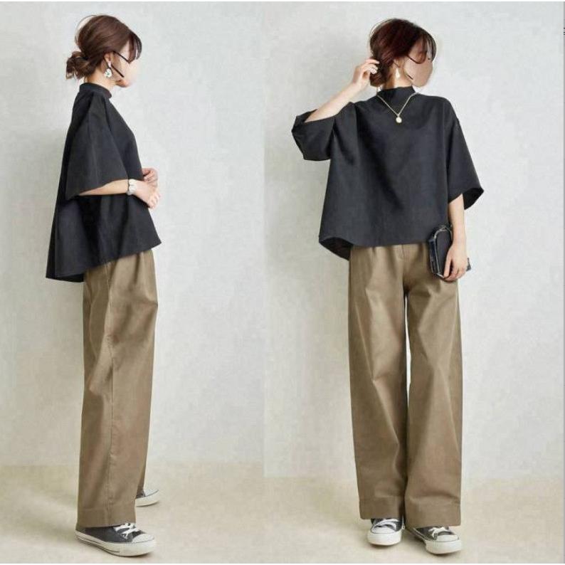 2点セット レディース トップス 中袖 ワイドパンツ 通勤 シンプル 上下セット ボトムス パンツ セット 2点 ママコーデ オフィスカジュアル 楽ちんお出かけ（Yahoo!・アジアンストア）