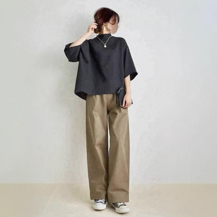 2点セット レディース トップス 中袖 ワイドパンツ 通勤 シンプル 上下