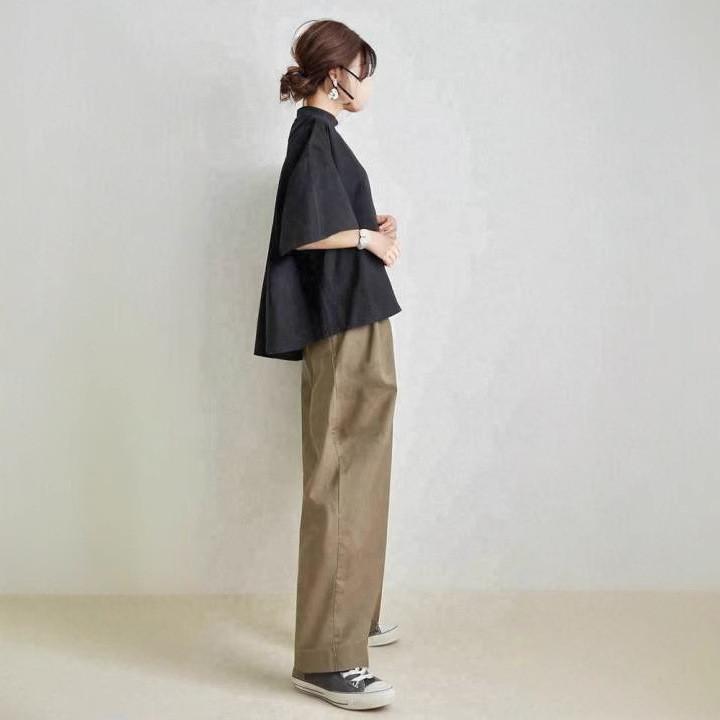 2点セット レディース トップス 中袖 ワイドパンツ 通勤 シンプル 上下