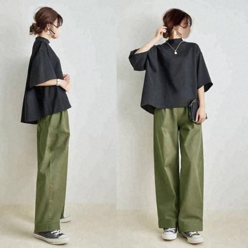 2点セット レディース トップス 中袖 ワイドパンツ 通勤 シンプル 上下