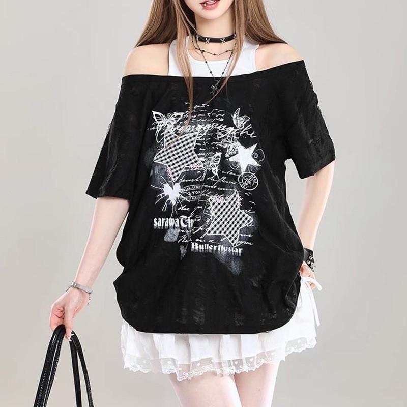 Tシャツ 半袖 レディース ガール レイヤード風 肩出し トップス 黒白