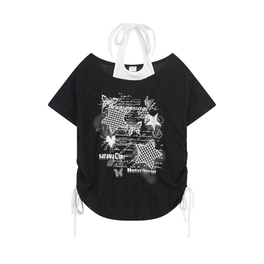 レディース Tシャツ カットソー 半袖 お洒落 夏服 トップス ティシャツ 黒 Tシャツ 半袖 レディース ガール レイヤード風 肩出し トップス 黒白