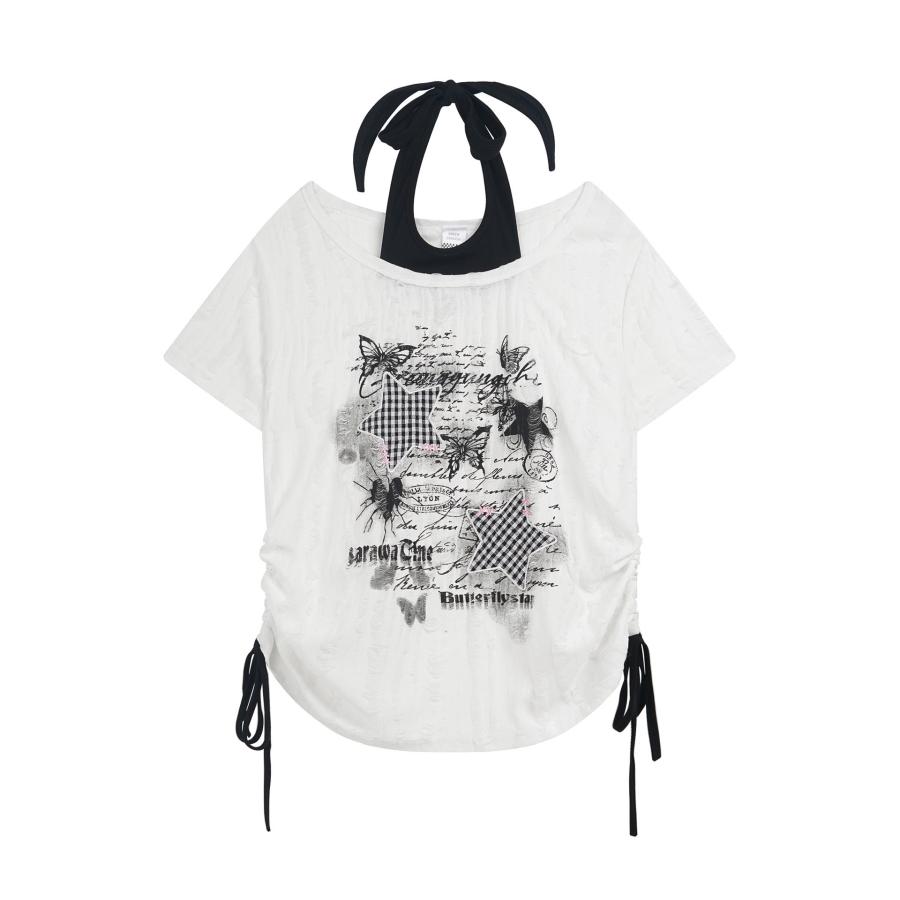 Tシャツ 半袖 レディース ガール レイヤード風 肩出し トップス 黒白