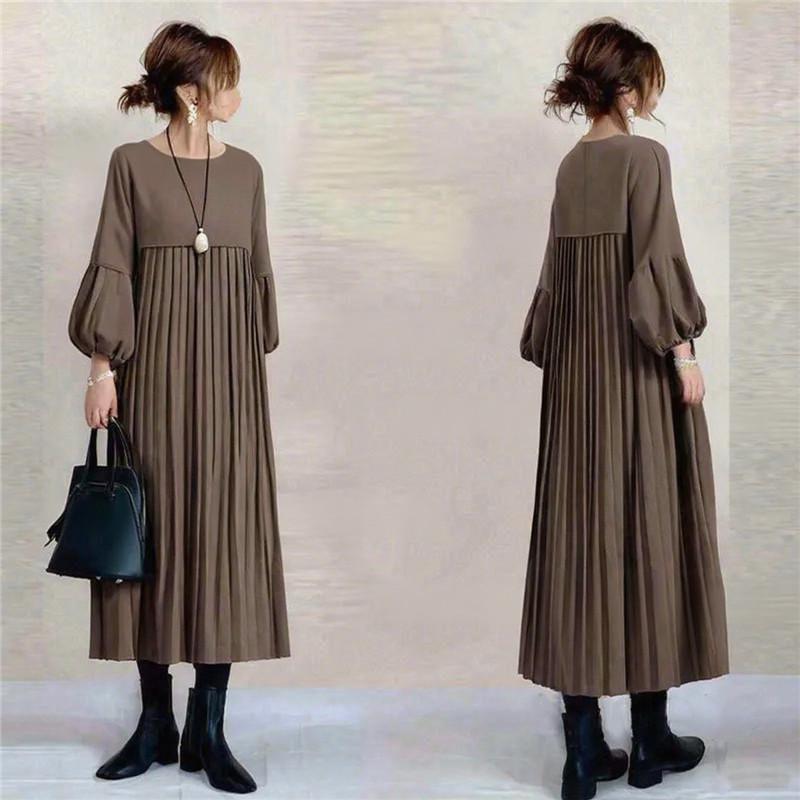 美品 specchioプリーツ　パフスリーブロングワンピース プリーツワンピース 長袖 レディース 春服 パフスリーブ 丸首 ロング