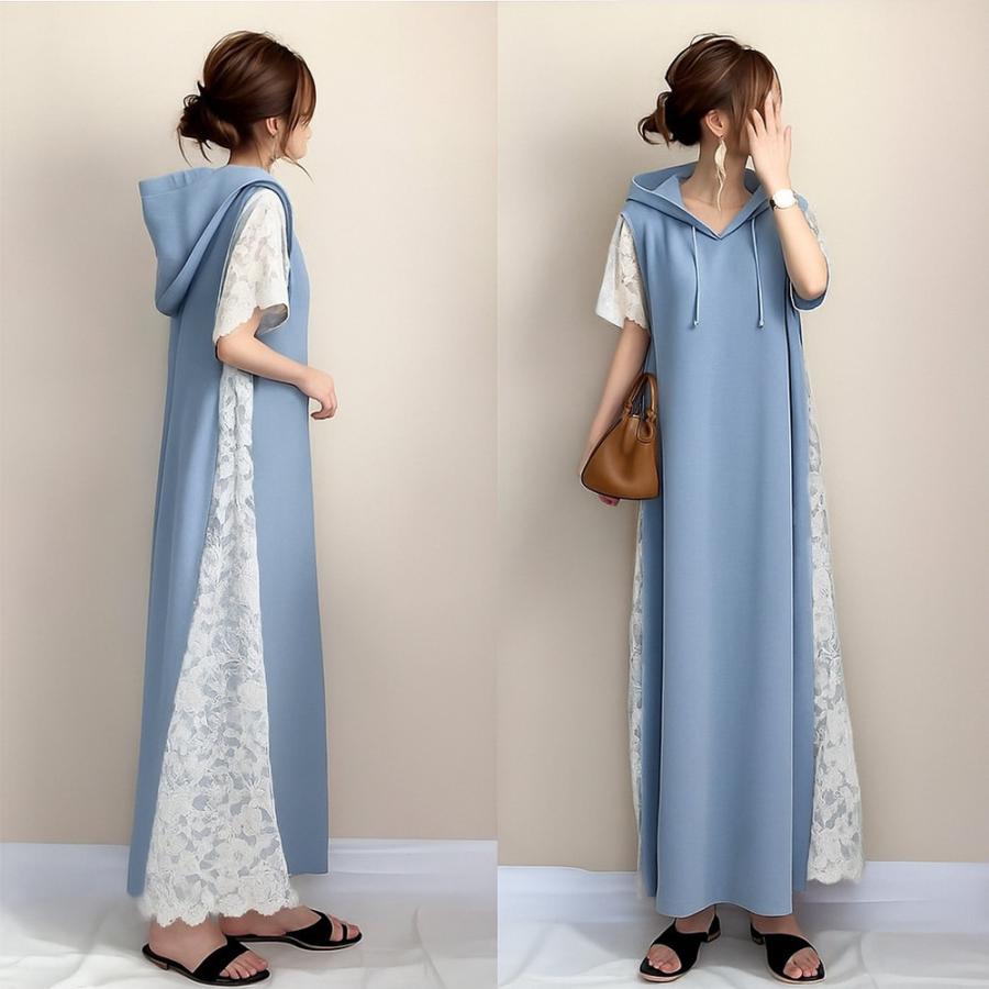 ワンピース 半袖 レディース 夏服 レース切り替え フード付き バイ
