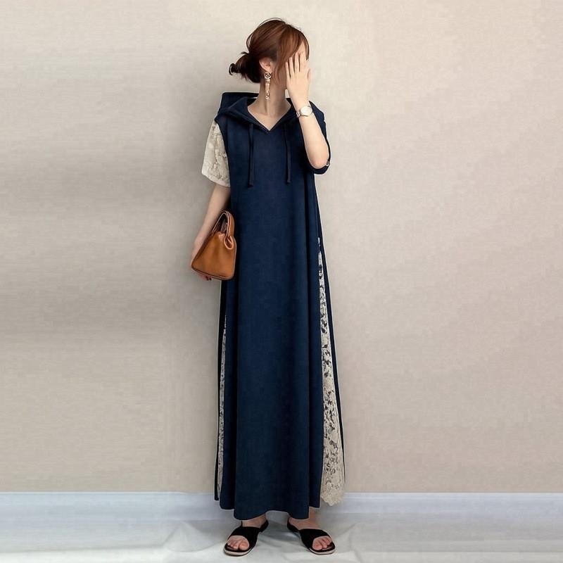 ワンピース 半袖 レディース 夏服 レース切り替え フード付き バイ