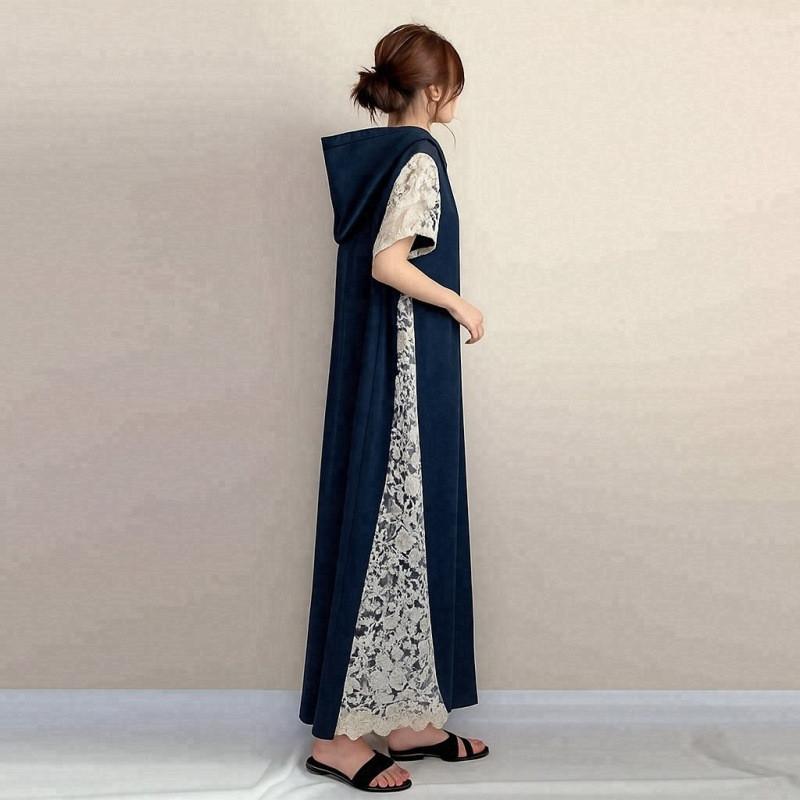 ワンピース 半袖 レディース 夏服 レース切り替え フード付き バイ 