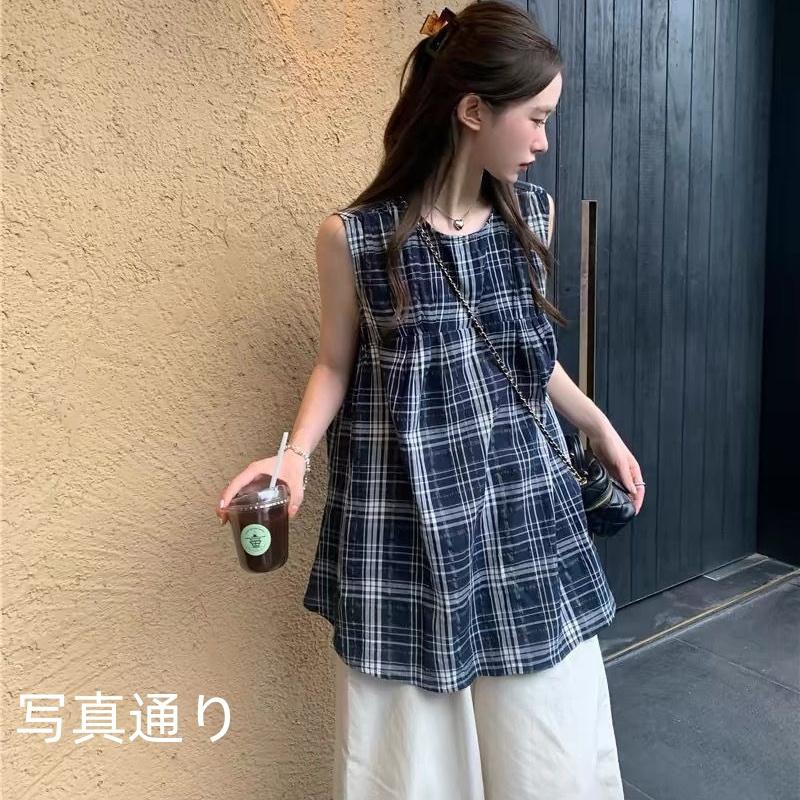Drawer 水色 ノースリーブ 36 チェック コットンブラウス Drawer 水色 ノースリーブ 36 チェック コットンブラウス
