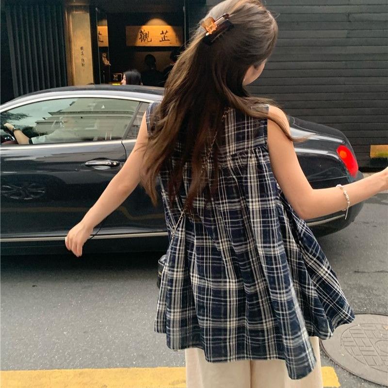 シャツ レディース 袖なし ブラウス ノースリーブ チェック柄 プル