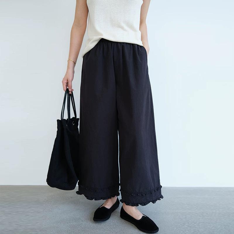 コムコム　フリルパンツ黒 ワイドパンツ レディース 春服 夏服 ボトムズ 九分丈パンツ フリル