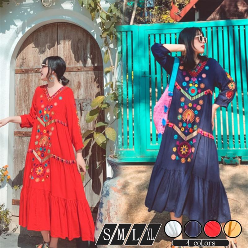 ワンピース レディース マキシワンピ きれいめ 刺繍 ゆったり 春物 Aラインワンピース ボヘミアン風 リゾート 7分袖 Vネック プルオーバー Hd アジアンストア 通販 Yahoo ショッピング