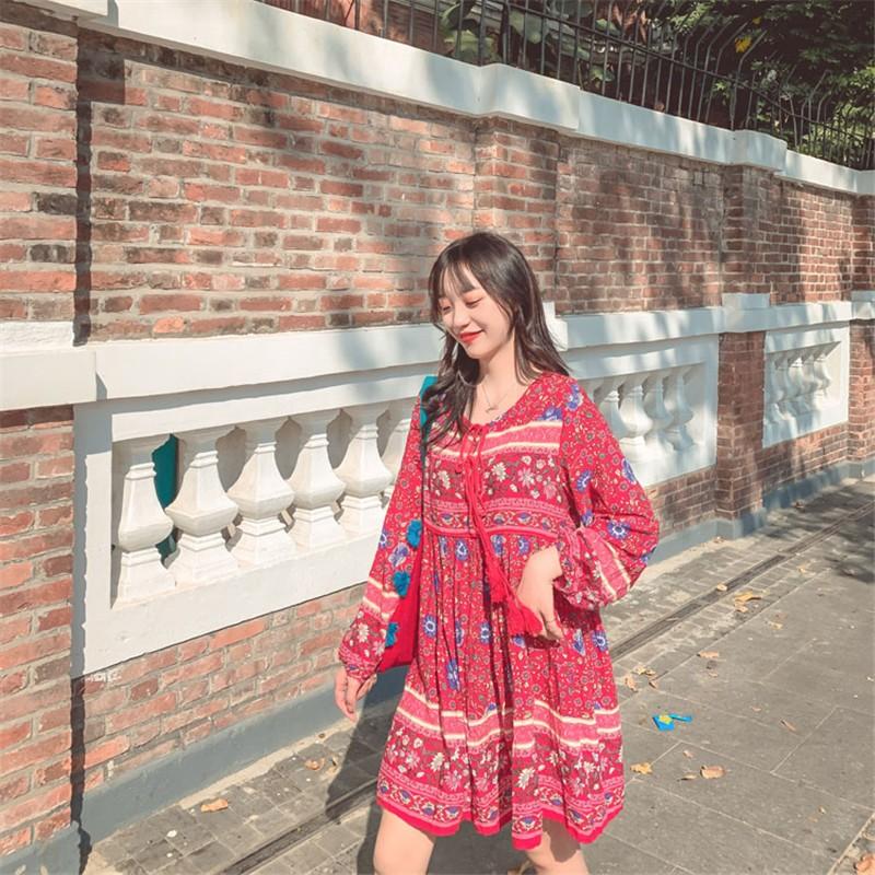 ワンピース リゾートワンピース 花柄 ミニワンピース レディースワンピース 膝上丈 丸首 ボヘミアンワンピース 長袖 体型カバー S M L Xl Xxl 旅行 Hd アジアンストア 通販 Yahoo ショッピング