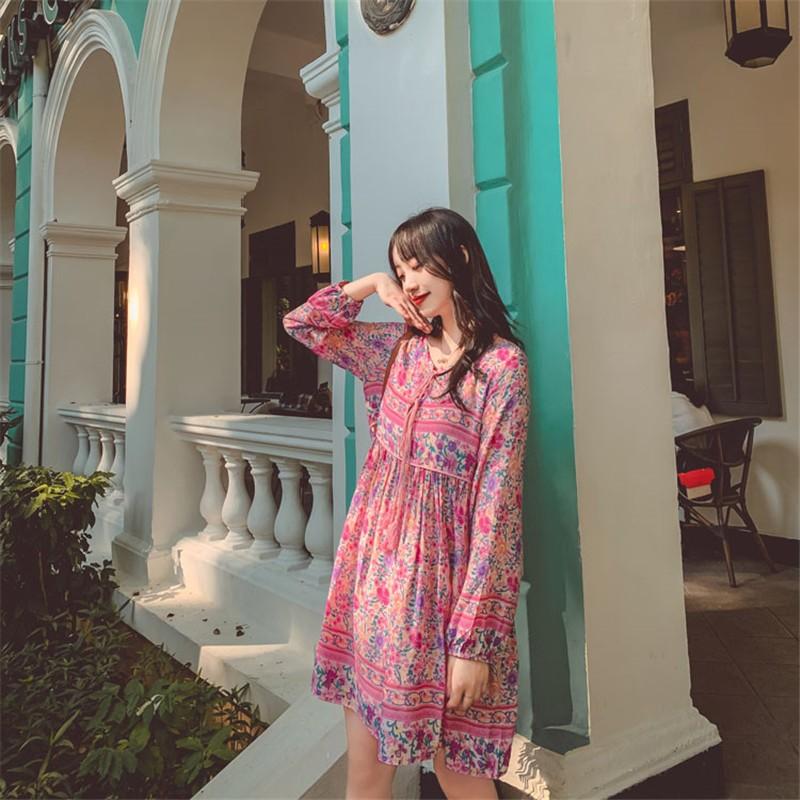 ワンピース リゾートワンピース 花柄 ミニワンピース レディースワンピース 膝上丈 丸首 ボヘミアンワンピース 長袖 体型カバー S M L Xl Xxl 旅行 Hd アジアンストア 通販 Yahoo ショッピング