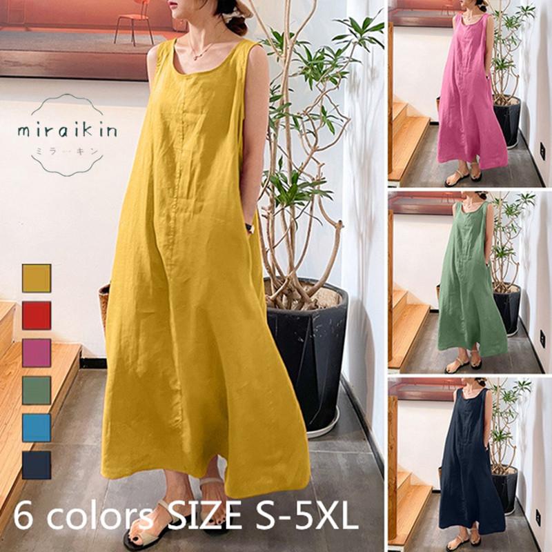 ワンピース ノースリーブ レディース 夏服 リネンワンピース ロング