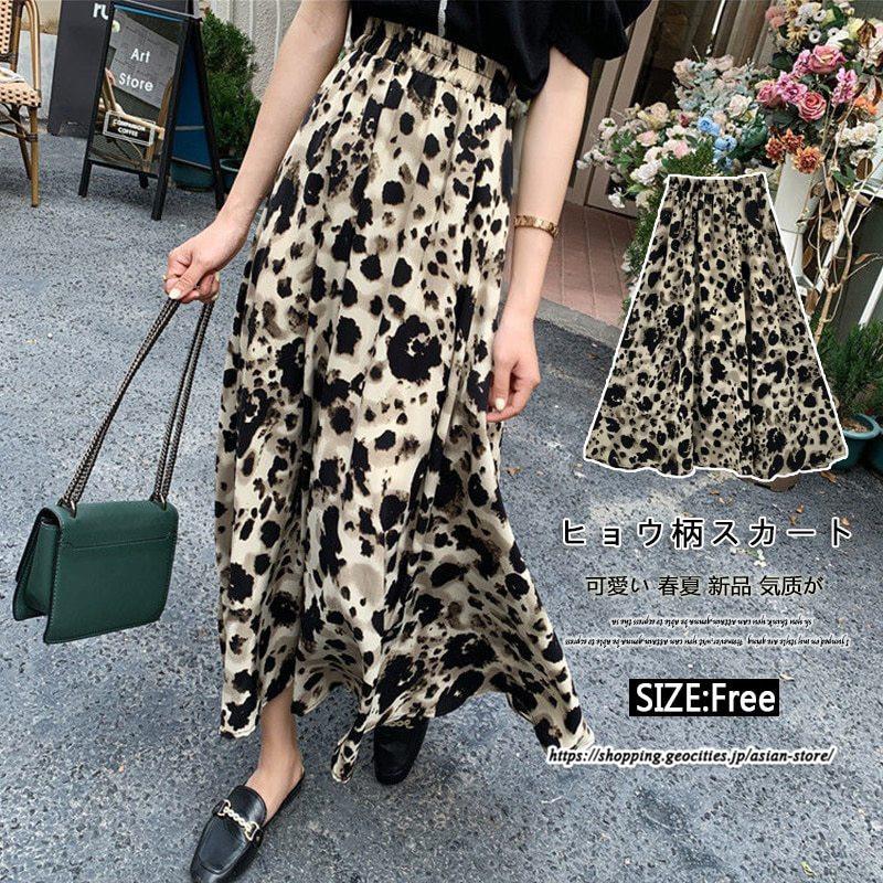 ヒョウ柄シフォンスカート ロング丈 ロングスカート レディース 春服  