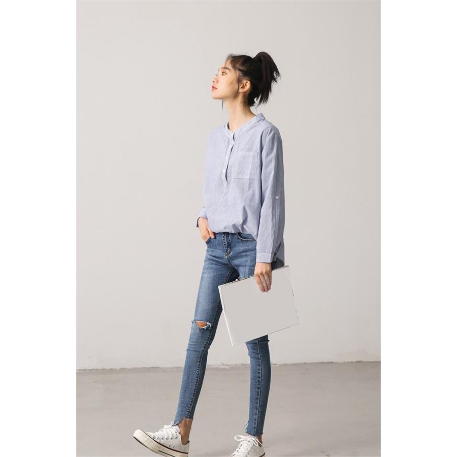 ストライプシャツブラウス 可愛い カジュアルシャツ スタンドカラー 長袖 薄手 着痩せ 春コーデ 夏コーデ ファッション おしゃれ シンプル ボタン 短納期 Y19ld06x192 アジアンストア 通販 Yahoo ショッピング