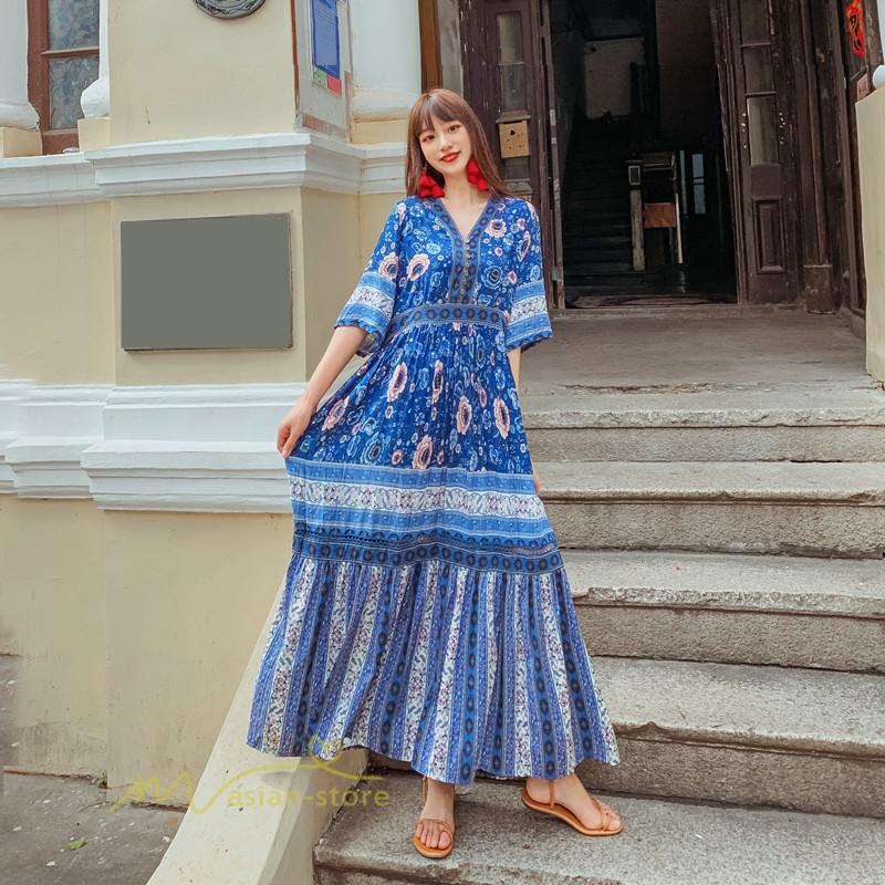 72 以上節約 夏ワンピース ロングワンピース フレアワンピース 五分袖 落ち感 涼しい Vネック 大人 可愛い パーティードレス お呼ばれワンピース 30代40代 旅行 ビーチ