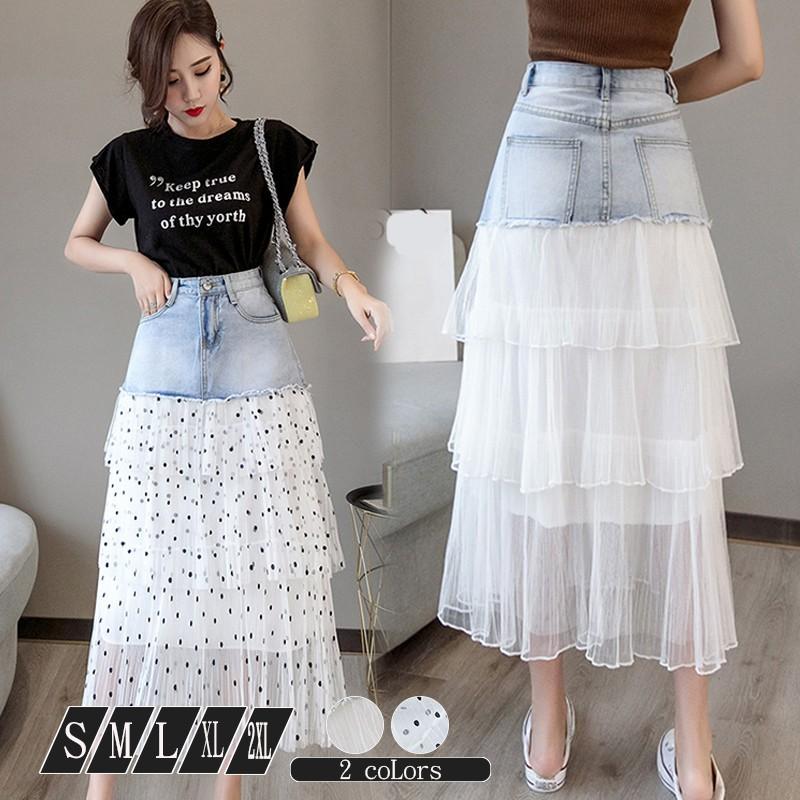 ロングデニムスカート チュールスカート プリーツスカート フレアスカート 可愛い 着痩せ ドッキングスカート S M L Xl Xxl 春夏 シルエット 無地 ドッド Ysyunka009 アジアンストア 通販 Yahoo ショッピング