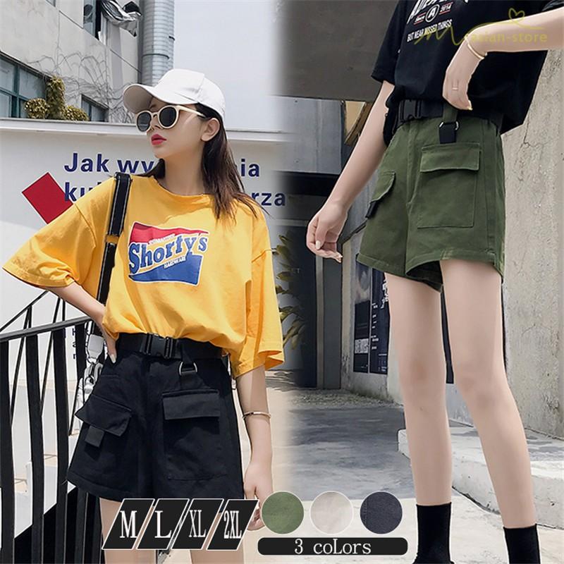 カーゴパンツ ガウチョパンツ ショートパンツ ストレートパンツ カジュアルパンツ ウエストゴム レディース 無地 ポケット付き ベルト付き ストリート系 Ysyunka355 アジアンストア 通販 Yahoo ショッピング