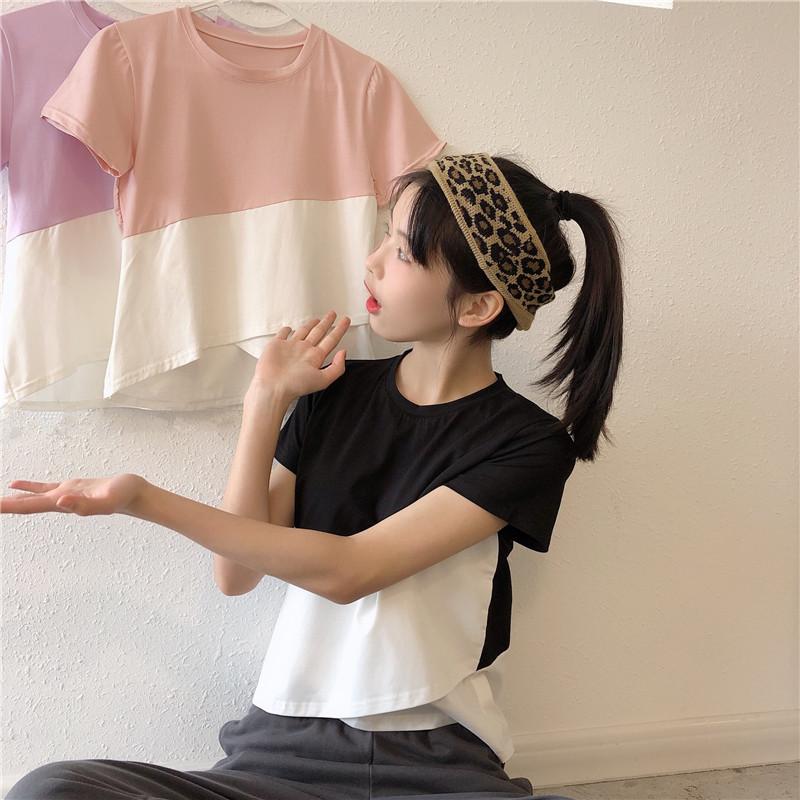 Tシャツ レディース おしゃれ ショート丈 半袖 春 夏 コットン バイカラー ゆったりtシャツ へそ出しtシャツ 可愛い M L Xl 上着 レディースファッション Ytst アジアンストア 通販 Yahoo ショッピング