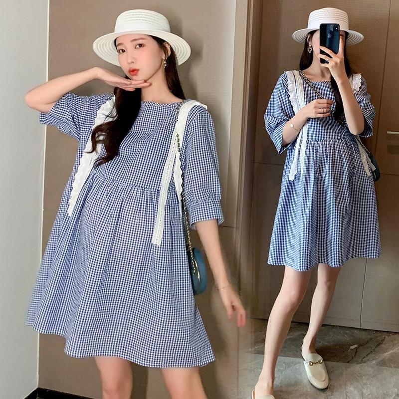 マタニティワンピース レディースフレアワンピース 夏 チェックワンピ ゆったり 可愛い 産前産後 マタニティウェア ママ服 妊婦服 女性用 ブルー Xl Yyfmm アジアンストア 通販 Yahoo ショッピング