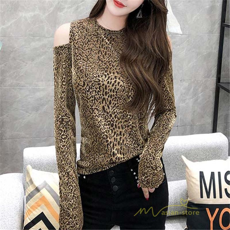Tシャツ レオパード レディース 肩見せ 長袖 クルーネック トップス プルオーバー インナー ファッション 韓国風 フェミニン カジュアル 新作 秋 着痩せ Yqdtx アジアンストア 通販 Yahoo ショッピング
