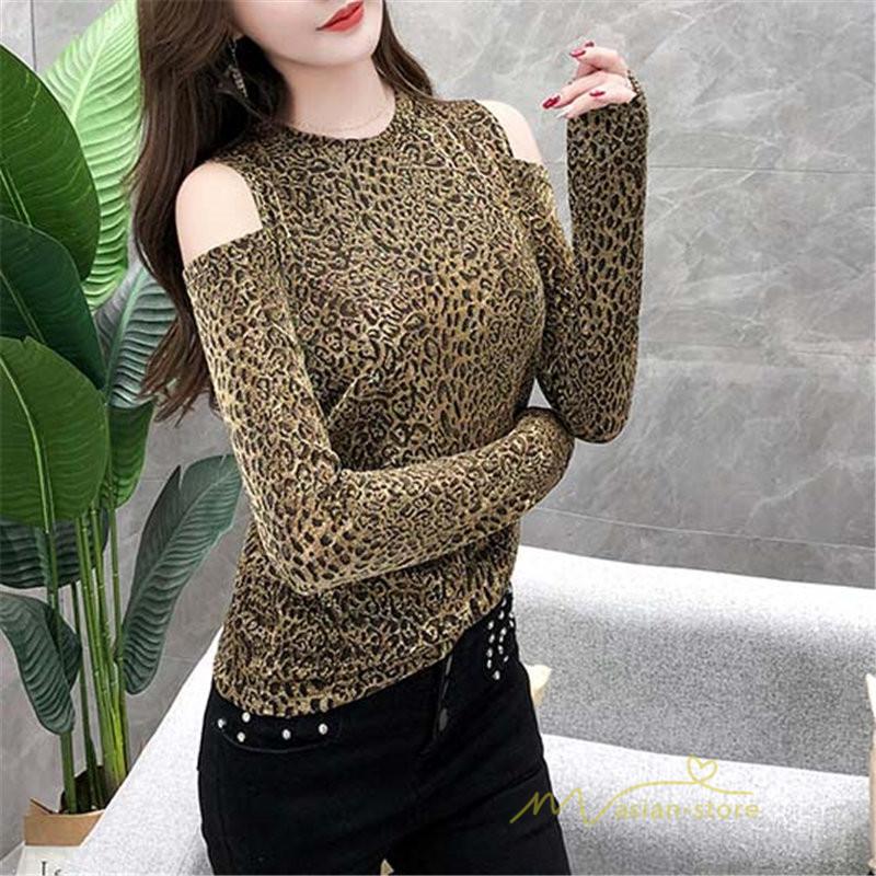 Tシャツ レオパード レディース 肩見せ 長袖 クルーネック トップス プルオーバー インナー ファッション 韓国風 フェミニン カジュアル 新作 秋 着痩せ Yqdtx アジアンストア 通販 Yahoo ショッピング