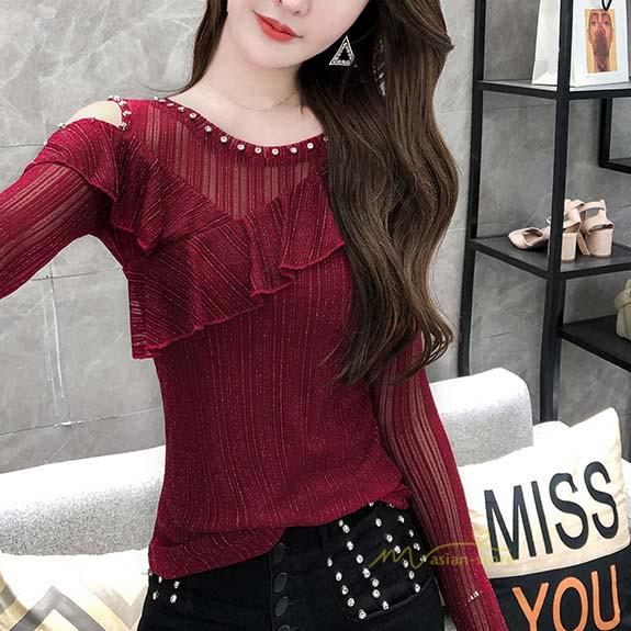 Tシャツ レディース 肩見せ フリル 切り替え クルーネック トップス 韓国風 プルオーバー ファッション 大きいサイズ フェミニン デイリーコーデ 秋物 きれいめ Yqdtx アジアンストア 通販 Yahoo ショッピング