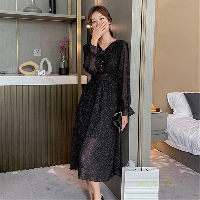 シフォンワンピース ドット柄 ベルスリーブ レディース Vネック 長袖 ロングワンピース 柔らかい ファッション フェミニン 秋コーデ エレガント トレンド 着痩せ Yalfs アジアンストア 通販 Yahoo ショッピング