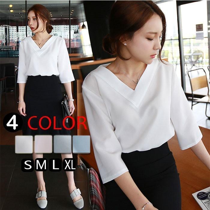 即日発送ブラウスシャツレディーストップス 春夏ブラウスシャツ 七分袖無地 カジュアル可愛い シンプル S M L Xl オフィス 通学通勤 柔らか Vネック Yazkdd アジアンストア 通販 Yahoo ショッピング