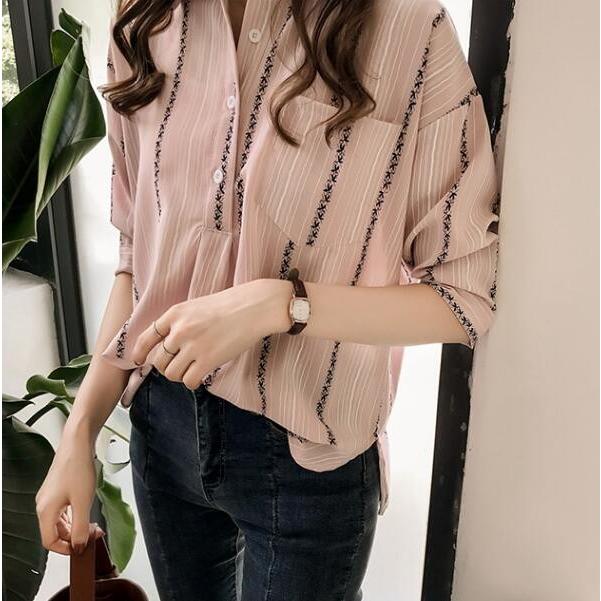 春物シャツレディース 七分袖トップス ブラウスシャツ 前後差