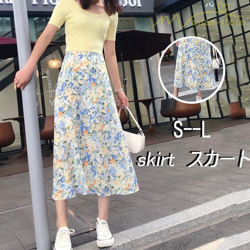 スカート Aライン 小花柄 上品 淑女 着痩せ ミディアム丈スカート ハイウエスト デイリーコーデ 油絵風 夏コーデ S M Lサイズ 韓国風 ウエストゴム Ycmw アジアンストア 通販 Yahoo ショッピング