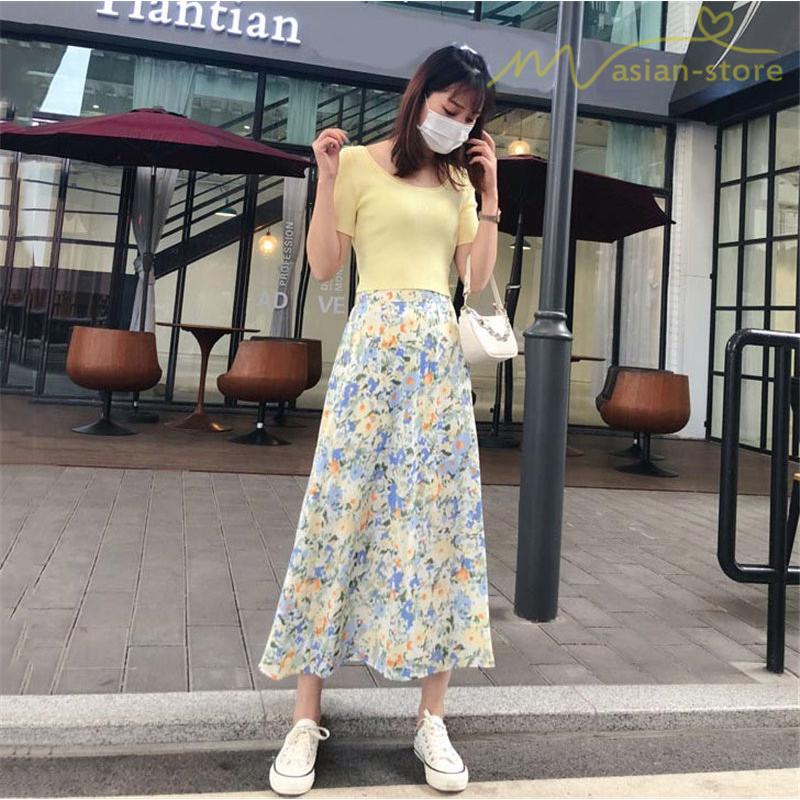 スカート Aライン 小花柄 上品 淑女 着痩せ ミディアム丈スカート ハイウエスト デイリーコーデ 油絵風 夏コーデ S M Lサイズ 韓国風 ウエストゴム Ycmw アジアンストア 通販 Yahoo ショッピング