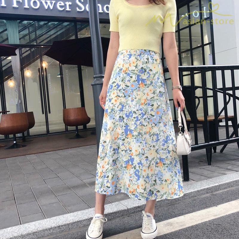 スカート Aライン 小花柄 上品 淑女 着痩せ ミディアム丈スカート ハイウエスト デイリーコーデ 油絵風 夏コーデ S M Lサイズ 韓国風 ウエストゴム Ycmw アジアンストア 通販 Yahoo ショッピング
