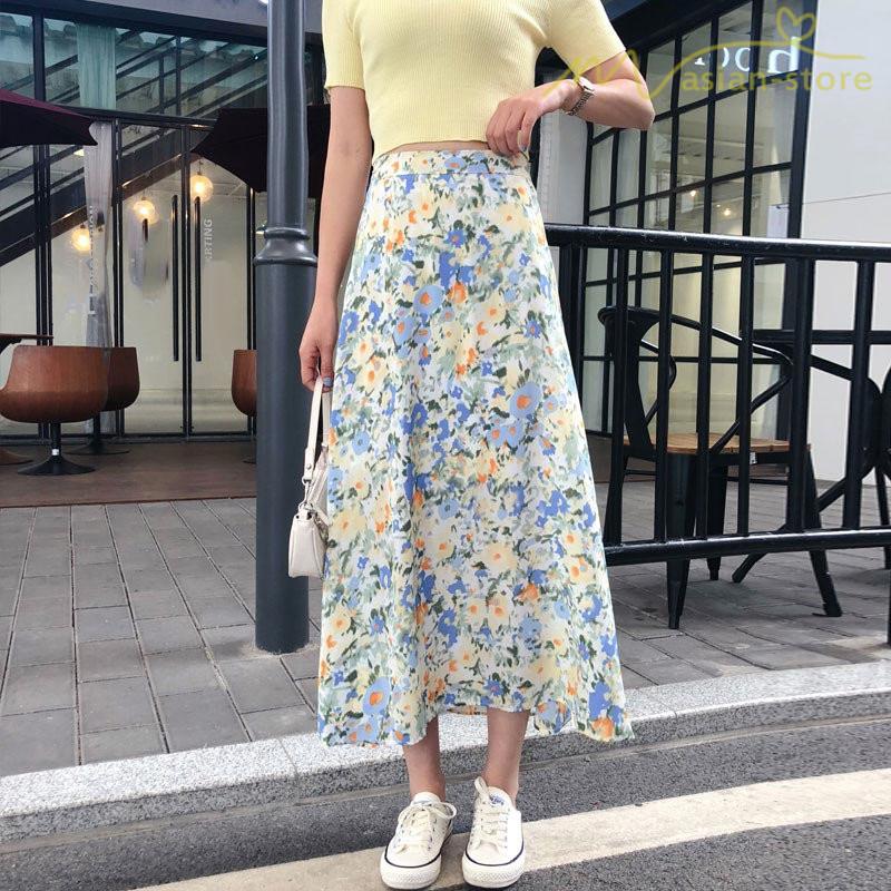 スカート Aライン 小花柄 上品 淑女 着痩せ ミディアム丈スカート ハイウエスト デイリーコーデ 油絵風 夏コーデ S M Lサイズ 韓国風 ウエストゴム Ycmw アジアンストア 通販 Yahoo ショッピング