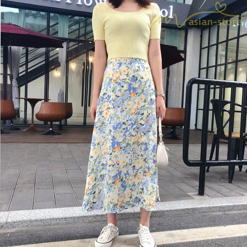 スカート Aライン 小花柄 上品 淑女 着痩せ ミディアム丈スカート ハイウエスト デイリーコーデ 油絵風 夏コーデ S M Lサイズ 韓国風 ウエストゴム Ycmw アジアンストア 通販 Yahoo ショッピング