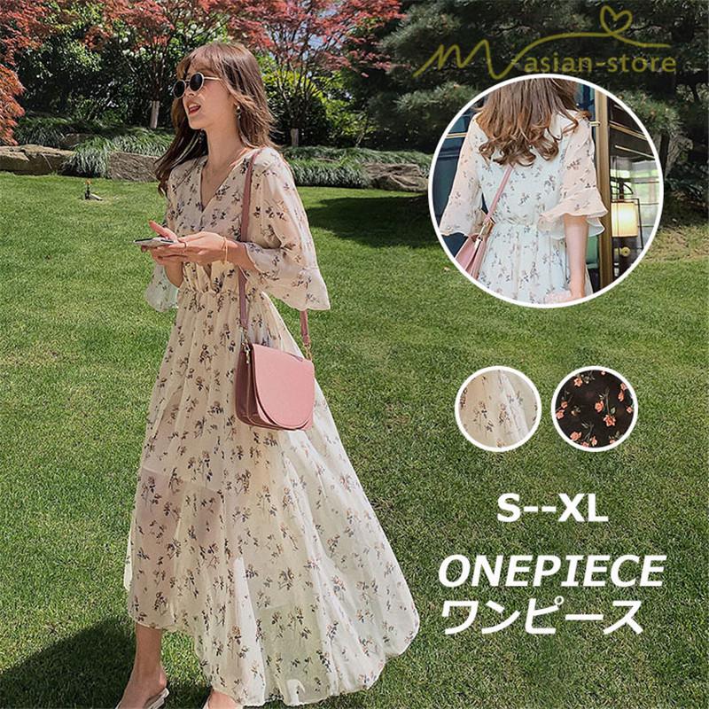 ワンピース 小花柄 シフォン Aライン Vネック 五分袖 ミディアム丈ワンピース プリーツフレア カシュクール リゾートワンピ 透け感 裏地付き 夏コーデ Ycrfs アジアンストア 通販 Yahoo ショッピング