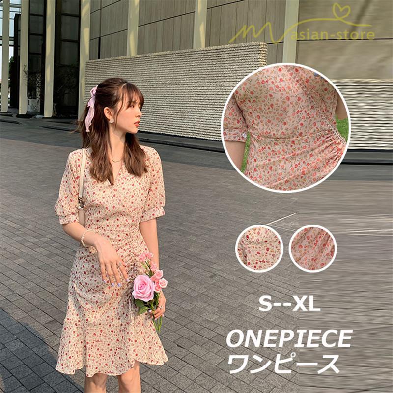 ワンピース 小花柄 シフォン マーメイド ハイウエスト ピンタック サイドシャーリング 淑女 新制作 夏コーデ 五分袖 ショート丈 Vネック クロスデザイン Ycrfs アジアンストア 通販 Yahoo ショッピング