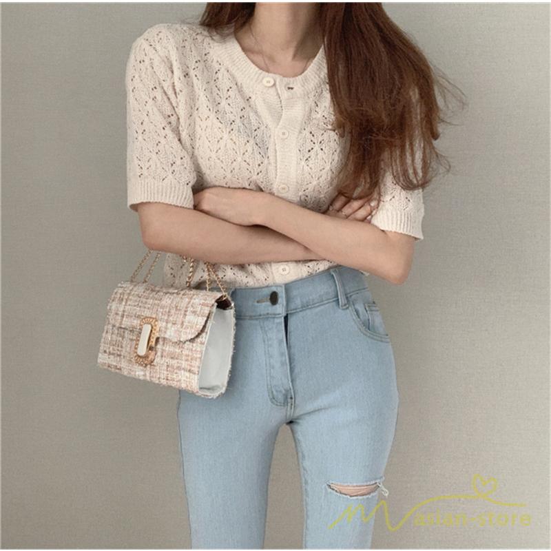 サマーニット レディース トップス カットソー ハーフスリーブ 半袖 5分袖 カーディガン Tシャツ Tシャツ ニット 透かし 無地 薄手 カジュアル 春夏コーデ Ycsiyao アジアンストア 通販 Yahoo ショッピング