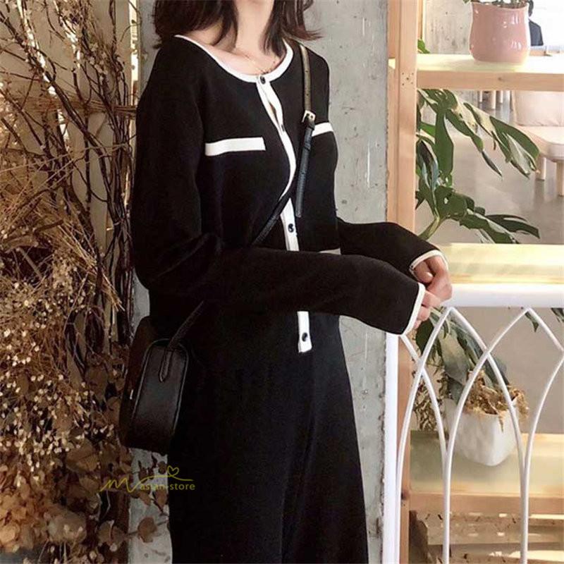 100 品質 2点セット バイカラー レディース ニット セットアップ 長袖 着痩せ 秋コーデ オフィス 通勤 フェミニン ガウチョパンツ ロング丈 トップス カーディガン セットアップ サイズ S