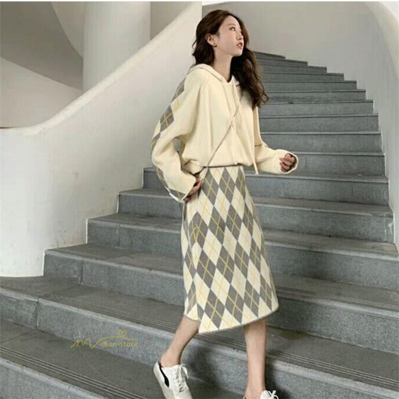 アウトレット 激安店舗 セットアップ レディース チェック柄 ニットセット フード付き 長袖 パーカー ミモレ丈スカート 韓国風 体型カバー 通勤 ガーリー シンプル 気質 秋冬コーデ 処分価格 Www Superavila Com