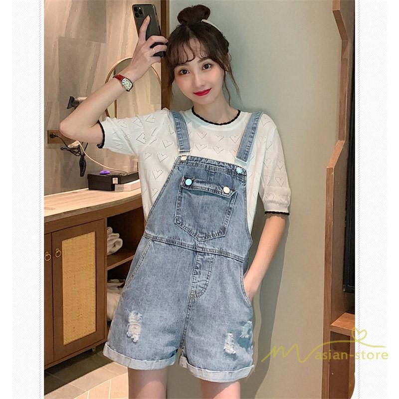 オーバーオール ショートパンツ デニム ダメージジーンズ デニムパンツ 着痩せ デイリーコーデ 学生 ホットパンツ ファッション ゆったり ハイウエスト Ydnm アジアンストア 通販 Yahoo ショッピング